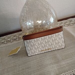 Michael Kors Brown Leather & Cream MK Monogram Zip Card Case